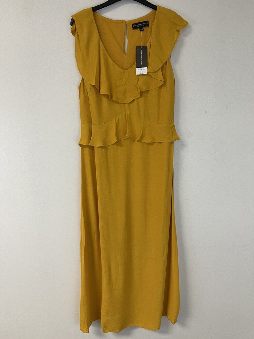 Dorothy Perkins A Line Dress 12 Maxi Yellow Ruffle Sleeveless Swing n80